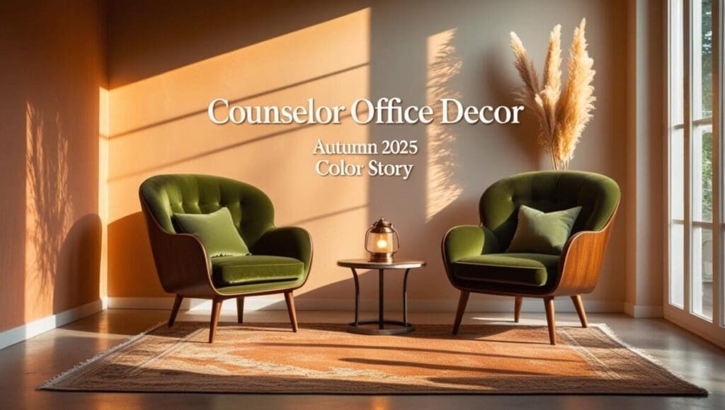 Counselor office décor for autumn 2025: terracotta wall, moss cushions, bronze lamp