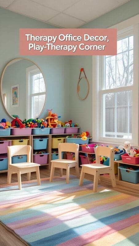 therapy office layout showing adult seating area and separate kids play corner