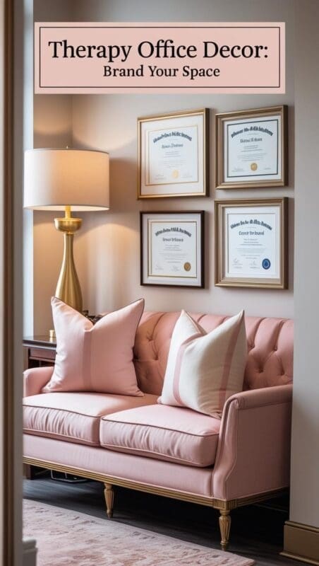 Private-practice therapy lounge with blush sofa, gold lamp, branded cushions and framed certificates
