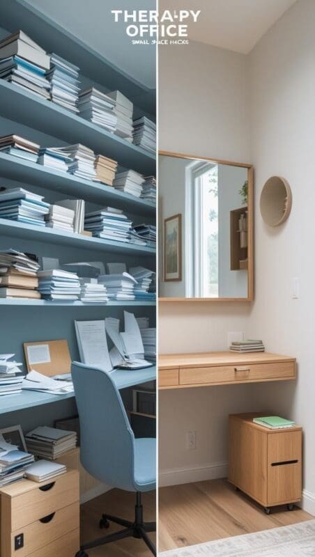 Therapy office décor before-and-after showing small-space declutter with floating desk and mirror