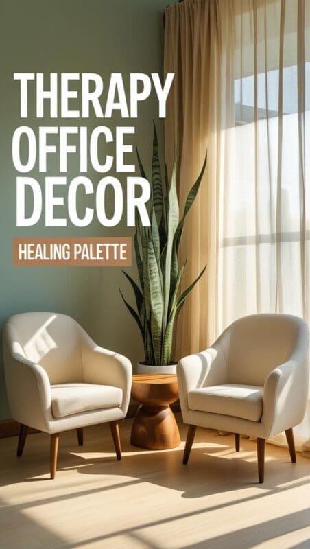 Sun-lit therapy office décor: two beige armchairs, snake plant, sage accents and soft natural light”