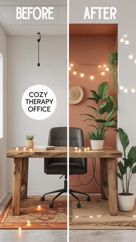 Before-after small therapy office: plain to cozy with wood and textiles”