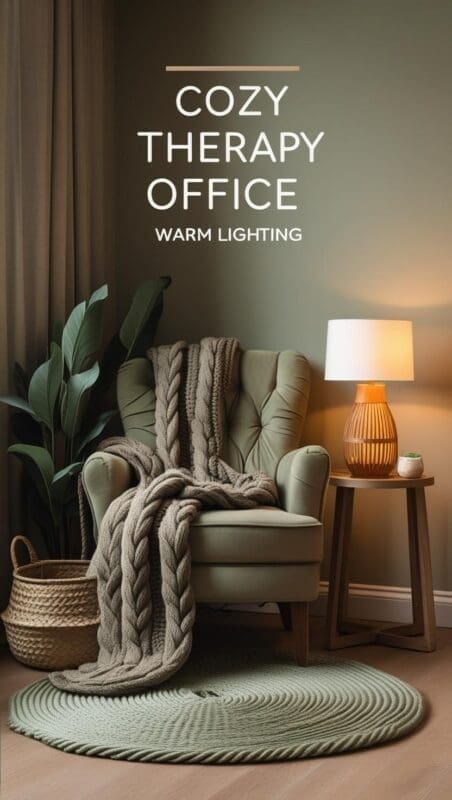 “Cozy therapy office with warm lamp light, knit throw and sage accents”