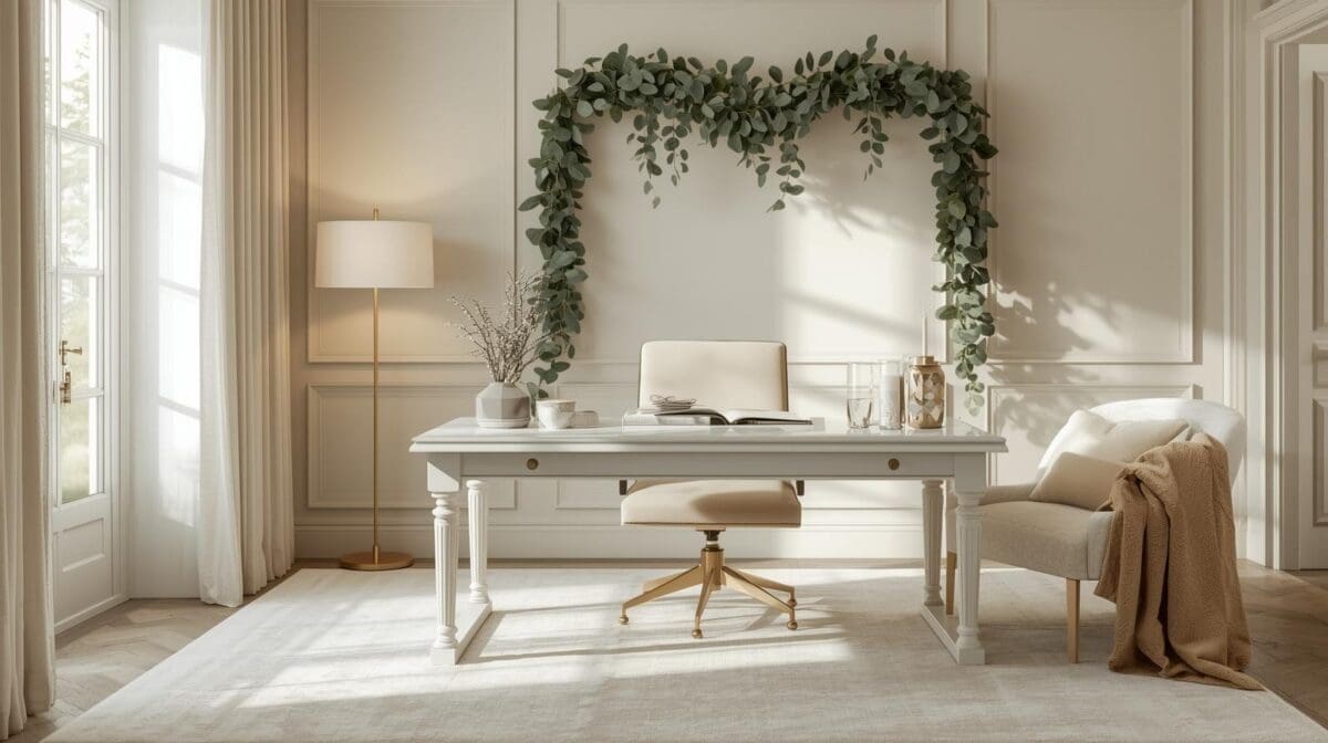 “Quiet luxury Christmas home office with soft gold accents, greenery, and elegant minimalist holiday decor.”