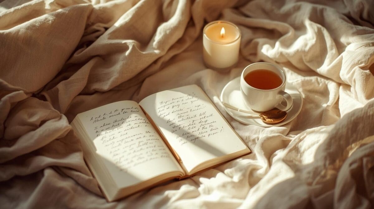 Cozy mindful morning scene with journal, tea, and candle — peaceful feminine self-care setting.